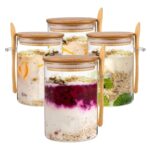 4-Pack Overnight Oats Containers with Wooden Lids and Spoon, 16 oz Overnight Oats Jars, Glass Food Storage Container for Oatmeal, Chia Pudding, Yogurt, Salad, Cereal