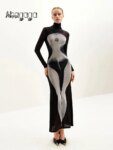 Ahagaga Elegant Women's Maxi Dresses Sexy Club Sheath Slim Fit Turtleneck Regular Causal Long Sleeves Printed Mesh Vestidos Robe