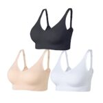 Amazingjoys Non Wired Bras for Women Seamless Wireless Bras with Removable Pads 3 Pack,Black+White+Beige,2XL (AMS33)