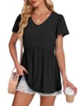 Aokosor T Shirts for Women V Neck Summer Tops Ladies Babydoll Blouses Puff Sleeve Peplum Tee Size 14-16 Black
