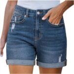 Arestory UK Clearance Women's Denim Shorts Elastic Waist Jeans Shorts with Pockets Tummy Control Sports Shorts Ladies Turned Frayed Hem Shorts Workout Half Pants Stretchy Hotpants Cropped Trousers