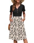 AUSELILY Women's Summer Short Sleeve Midi Dresses V Neck Empire Button Knee Length Dress with Pockets Apricot Black Leaf L