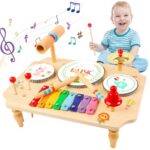 Baby Drum Kit Wooden Toys for 1 Year Old Boys Girls, Baby Musical Instruments Xylophone Drum Set, Toddlers Musical Toys for 1 2 3 Year Old, Baby Birthday Gifts (3 Drums Edition)