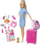 Barbie Travel Doll, Blonde, with Puppy, Opening Suitcase, Stickers and 10+ Accessories, for 3 to 7 Year Olds