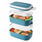 Bento Lunch Box Stackable,1400ml Containers with 4 Compartments and Cutlery, Leakproof 2 Layer Boxes, for Adults Kids Office, Microwave Dishwasher Safe (Blue)