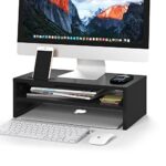 BONTEC Monitor Stand Riser, Wooden Desk Riser for Screen and Laptop, 420mm Wide PC Platform with Cable Slots, Phone Holder, 30kg Load, Ergonomic Desktop Organiser for Home Office Use