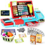 Cash Register Toy for Kids-52PCS Calculator Cash Register, Pretend Play Store Shopping Toy with Music, Scanner&Credit Card, Play Money&Pretend Food&Microphone, Toy Playset Gift for Toddler Boy&Girl 3+