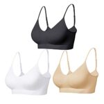 Comfyin Padded Bralette for Women Straps Sleep Bras Seamless Yoga Sport Bras 3 Pack(Black+Beige+White,M