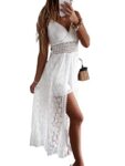 CUPSHE Summer Women Slip Ruching Smocking Jumpsuit Dress V Neck Speghetti Straps Backless Maxi High Low White L