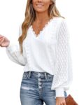 CUPSHE Women Blouse Cutout Scalloped Lace Top Long Lace Sleeves V Neck Banded Cuffs Chic Elegance Shirt White L