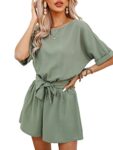 CUPSHE Women's Romper Boat Neck Casual Short Sleeves Jumpsuit Empire Waist Belt with Back Cutout Green L