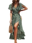 CUPSHE Women's Summer Wrap Maxi Dress - Casual Split Flared Sleeve V-Neck Ditsy Tie Waist Ruffle Beach Green M