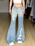 Cute Blue Flared Jeans Light Fashion Blue Ripped Washed Flared Jeans For Women All-match Slim Fit Trousers Trendy Trousers 2025