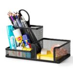 deli Mesh Desk Organizer Office Supplies Caddy with Pencil Holder and Storage Baskets for Desktop Accessories, 3 Compartments, Black
