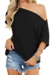 Dressmine Women's Off Shoulder Tops Casual Short Sleeve Loose Batwing Shirts Oversized Blouse Tunic Black Medium