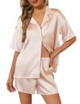Ekouaer Women's Pyjama Set Silk Satin Short Sleeve Sleepwear Button Down Pjs Set Two Pieces Loungewear Champagne M