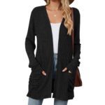 Famulily Open Front Long Cardigan for Women, Rib Knitted Black Cardigans with Pockets Lightweight Outerwear Sweater (L, Black)
