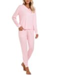 Famulily Winter Pajamas for Women Set Ladies 2 Piece Cuffed Pyjamas Casual Nightshirt with Long Joggers Pink L