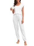 Famulily Womens 2 Piece Plus Size Outfits Pajamas Sets Cotton Pj Set Crew Neck Sleepwear Loungewear Pants White XL
