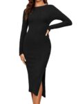 Famulily Women Work Dresses Elegant Casual Button Split Hem Sweater Dress Long Sleeve Plain Ribbed Knit Midi Dresses Black M
