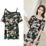 Fashion Woman T-shirt Beach Skirt Sling Camouflage Dress M-XXL