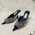 Full Rhinestones Cloth Mules Women’s Slippers Pointed Peep Toe Sandals Female Stiletto High Heels Black White Luxury Single Shoe