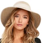 FURTALK Womens Beach Sun Straw Hat Floppy UPF80+ Travel Foldable Brim Summer UV Hat, Mix Beige+Beige Ribbon, M-L