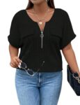 Gemulate Plus Size Tops for Women Summer Black V Neck Zipper Top Plus Size Ladies Tops Short Sleeve Tunic Tops Loose Casual Shirts Blouse or Women UK - Black, XXXXX-Large