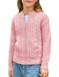 GRACE KARIN Girls Casual Knitted Cardigan Long Sleeve Round Neck Cardigan with Zipper Winter Knitted Sweater Light Pink 14 Years