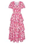 GRACE KARIN Women Smocked Boho Chiffon Long Dress Floral Smocked Tiered Dress Vintage Plus Size Black Dresses for Funera Rose Pink Floral S