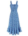GRACE KARIN Women Summer Floral Maxi Dress Squar Neck Chiffon A Line Strappy Smocked Boho Beach Dress Blue Floral L