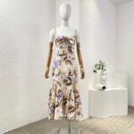 Holiday Beach Style Series Pure Linen 2025 Strapless Floral Print Cut Out Mermaid Women Spaghetti Midi Dress