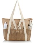 HOMESPON Beach Tote Bag for Women with Zip and Pockets Large Waterproof Mesh Holiday Handbag for Travel Swimming Pool Shopping Gym(Khaki)