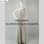 It's Yiiya Customized Real Photo Evening Dress Champagne Sequins One-shoulder Mermaid Slit Plus size Woman Party Formal Gowns