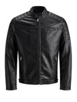 JACK & JONES Men's Faux Leather Jacket Motorcycle Blouson Bomber JJEROCKY Design Outerwear Transitional Coat., Colours:Black-2, Jacket Size:S