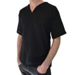 jieGorge Shirts for Men Casual, Men's Baggy Cotton Linen SOID Color Short Sleeve Retro T Shirts Tops Blouse, Blouse and Tops (Black L)