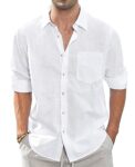 J.VER Men's White Linen Cotton Shirts Long Sleeve Regular Fit Casual Solid Lightweight Summer Beach Shirt with Pocket L