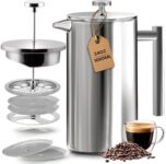 KICHLY Stainless Steel French Press - Double Wall Coffee Press - Stainless Steel Plunger Coffee & Tea Maker Silver, 1.0 Litre (Pack of 1)