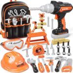 KidBloom Kids Tool Set with Backpack, 50 PCS Construction Tools with Electric Toy Drill, Helmet and DIY Building Parts, Toys for 3 4 Year Old Boys Gifts