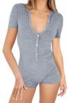 LACOZY Summer Short Sleeve Jumpsuits for Women Sexy V Neck Onesie Shorts Romper Y2k Gym Bodysuit One Piece Pajama Set Grey L