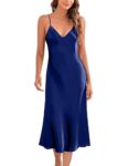 Marvmys Satin Nightdress for Women UK Long Negligees Strap Chemise Nighties for Ladies V Neck Full Slips Sleepwear Navy Blue L