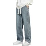 Men's Denim Pants Loose Fit Jeans Drawstring Elastic Waist Baggy Trousers Straight Wide Leg Denim Jeans Pants Casual Street Lightweight Trousers Leisure Workwear