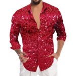Men's Glitter Short Sleeve Shirt Shiny Party Shirt 70s 80s Disco Party Costume Sequins Button Down Shirt Carnival Sequin Shirt Lapel Club Glitter Shirt Festive Outfit