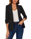 MINTLIMIT Casual Blazer for Women 3/4 Ruched Sleeve Lapel Suit Open Front Tailored Jacket (Black M)