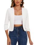 MINTLIMIT Women's Suit Jackets & Blazers Cropped 3/4 Ruched Sleeve Casual Blazer for Women Collarless (White M)