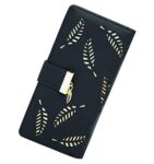 Molylove Women's Wallet Hollow Leaf Pattern Bifold Leather Lady Long Wallet Purse Zipper Handbag Button Clutch Bag (Black)