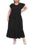 Moon Wood Women's 2025 Summer Casual Dress Crew Neck Ruffle Short Sleeve Maxi Dresses with Pockets Plus Size Black 3XL