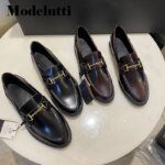 New England 2023 Style Fashion Vintage Metal Ring Buckle Genuine Leather Slip-On Loafers Women Shoes Flat Shoes Female