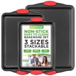 NutriChef 3-Piece Nonstick Kitchen Oven Baking Pans - Premium & Stylish Non-Stick Steel, Commercial Grade Restaurant Quality Metal Bakeware with Red Silicone Handles - Easy to Clean