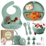 O'doe 11-Piece Baby Weaning Set | Baby Led Weaning Feeding Supplies for Toddlers | Baby Feeding Set with BPA-Free Suction Bowl, Silicone Baby Feeding Set, Spoons, Bibs, and Food Plate Kit | Green V1